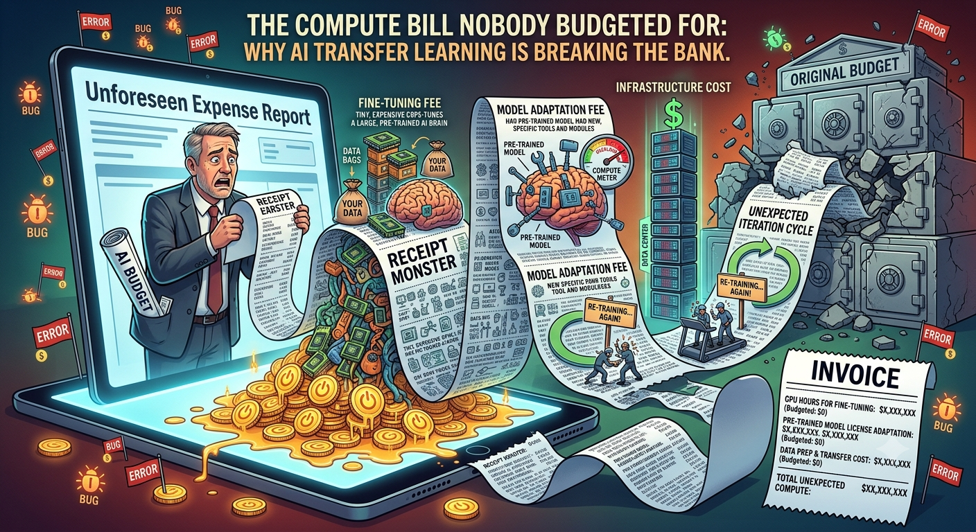 Cartoon illustration titled 'The Compute Bill Nobody Budgeted For: Why AI Transfer Learning is Breaking the Bank.' A shocked executive holding an AI budget scroll watches an endless expense receipt spill out of a laptop, itemizing fine-tuning fees, model adaptation fees, infrastructure costs, and unexpected retraining cycles, while a vault labeled 'original budget' crumbles beside an invoice of unbudgeted compute costs.