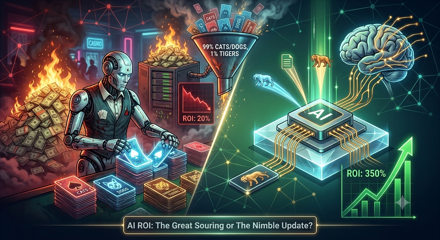 Split illustration titled 'AI ROI: The Great Souring or The Nimble Update?' On the left, a robot casino dealer shuffles decks of cat, dog, and tiger cards beside burning piles of cash, a smoking server, a funnel labeled 99% cats/dogs 1% tigers, and a falling chart reading ROI: 20%. On the right, an AI chip learns from single example cards feeding a brain, with a rising chart reading ROI: 350%.